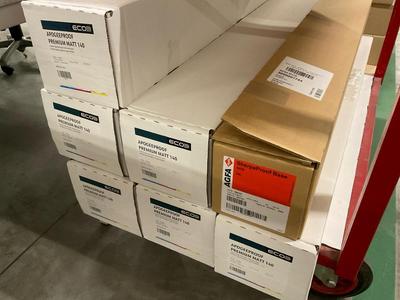 Overview picture of lot of various matt paper, base satin paper, etc approx. 7  boxes and various boxes 24 pieces Epson toners
